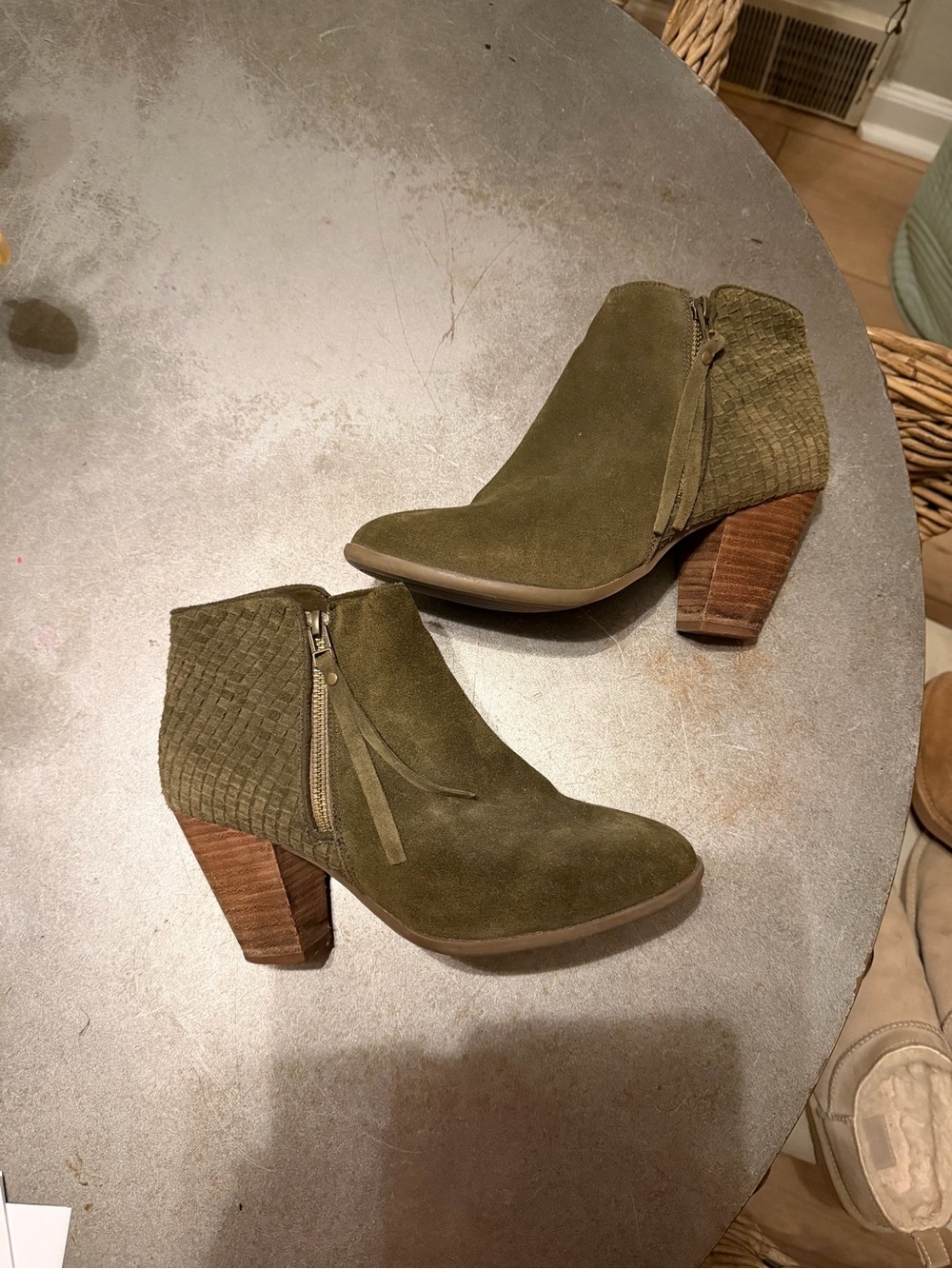 Olive Green Sole Society Suede Women’s Ankle Booties with Stacked Heel